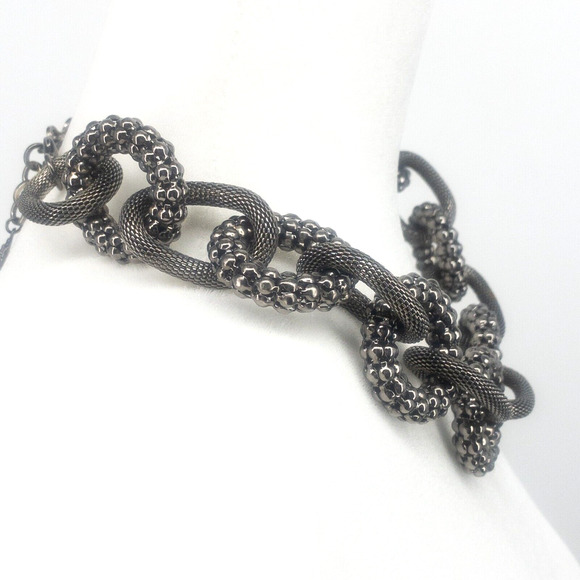 RJ Graziano Gunmetal Link Necklace 16"-20" Adjustable Mesh & Textured Links - Picture 11 of 13
